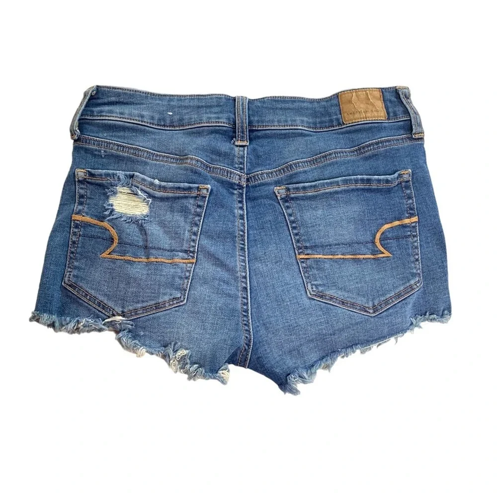 American Eagle AE Hi-Rise Shortie Denim Jean Shorts Button Fly Distressed Size 6 - Picture 11 of 14